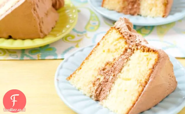 עוגת יום הולדת צהובה עם ציפוי שוקולד גאנש פלאפי