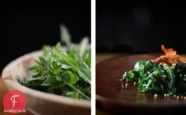 עשבים על שולחן המטבח: שן הארי נבול ירוק עם זרעי חרדל קלוי