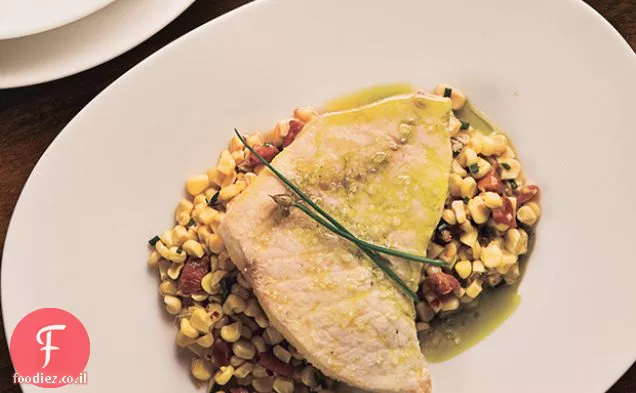 דג חרב שמן עלום עם תירס לבן, Guanciale ושמן צ'ייב