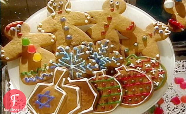 עוגיות חג אנשים Gingerbread פרויקטים: פתיתי שלג לבן, שלישיות סביבון וקישוטים