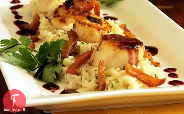 צדפות צרובות עם רוטב אוכמניות פיקנטי, Guanciale & Shiita