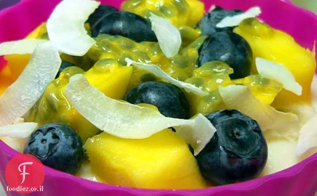 חלב חינם קוקוס Blancmange עם מנגו, אוכמניות ותשוקה